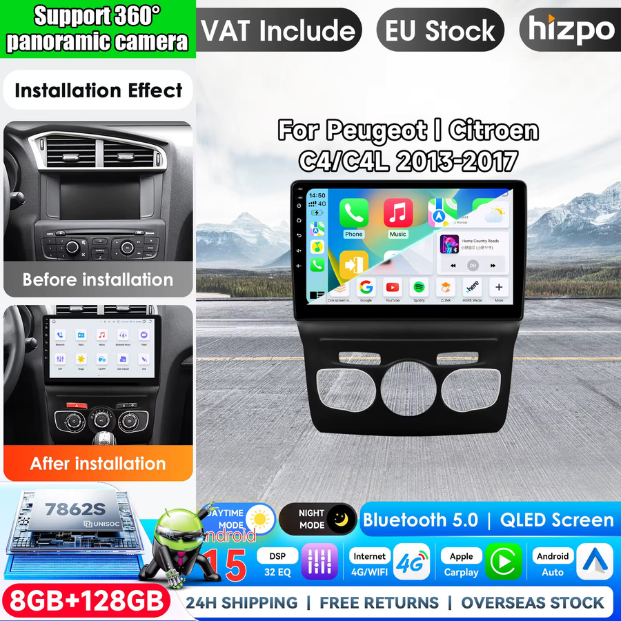 Hizpo 10,1 Zoll Autoradio für Peugeot Citroen C4 C4L mit kabellosem Carplay, Android Auto, GPS und IPS Touchscreen in Schwarz - Bild 1