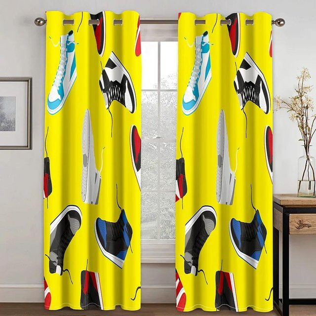 Yiran Furniture Sneaker Graffiti Fenstervorhänge für Kinder und Teenager, 2 Paneele aus Polyester, Gelb, Breite: 100 cm, Höhe: 130 cm - Bild 1