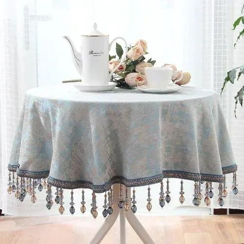JINGYUE Pet Chenille Tischdecke mit Quasten und Ornamenten, Blau, B/B: 90 x 90 cm - Bild 1