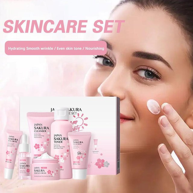 LAIKOU Sakura Hautpflegeset, Damen, mit Reinigung, Toner, Serum, Augencreme, Sonnenschutz, Gesichtscreme - Bild 1