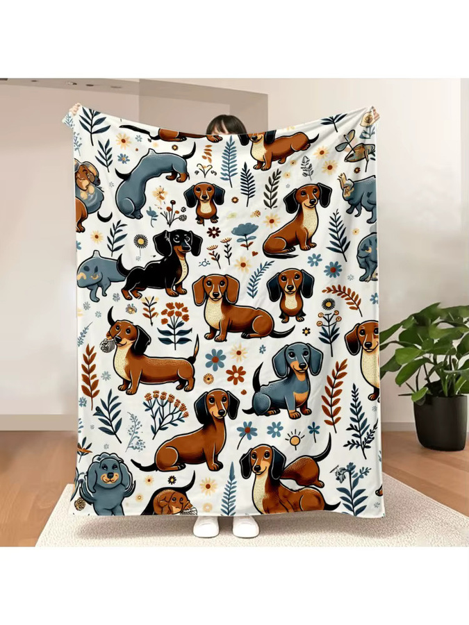 Gemütliche Decke mit Dackel-Blumenmuster in Beige und verschiedenen Farben - Bild 5