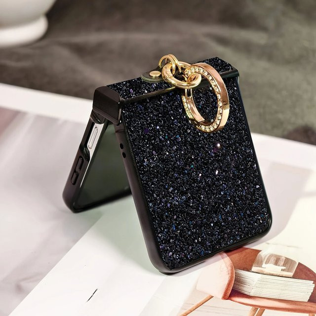 Glänzende Diamant-Strass-Glitzer-Hülle mit Ring-Schnalle für Samsung Galaxy Z Flip 3 4 5 6 7 8, 3-teilige Rückabdeckung, Schwarz - Bild 1