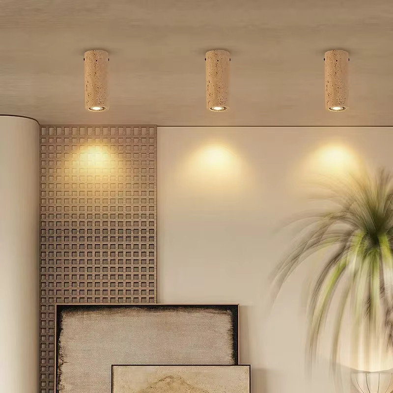 Zylindrische Travertin-Deckenleuchte in Beige mit E27-Fassung für Downlight-Beleuchtung - Bild 2
