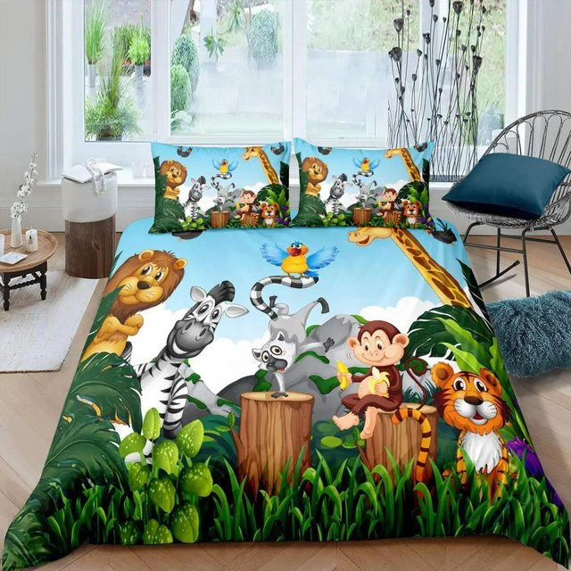 Binchi Outdoor Product Kinder Bettwäsche Set mit Cartoon Tieren im Savannen und Dschungel Design, 2-teilig, Mehrfarbig, Polyester/Mikrofaser, Bettbezug B: 70 cm, L: 133 cm - Bild 1