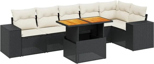 vidaXL 7-teilige Garten-Sofagarnitur in L-Form aus Poly-Rattan und Akazienholz mit Kissen in Schwarz-Creme - Bild 1