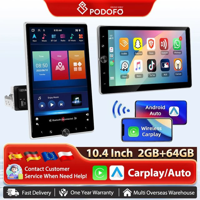 Podofo 10,4 Zoll Android Autoradio mit drehbarem vertikalem Bildschirm, 1 Din Multimedia Radio mit 2+64G, Wireless Carplay, Android Auto und GPS, Schwarz - Bild 1