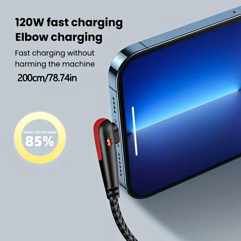 NNBILI USB-C Schnellladekabel mit 90-Grad-Winkel, 120W Ladeleistung, in Schwarz oder Blau - Bild 4