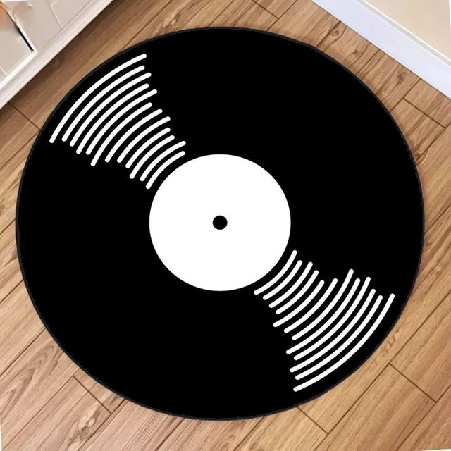 Runder Teppich mit Schallplatten-Design von Wucifang Jewelry in Schwarz, Durchmesser: 80 cm - Bild 1