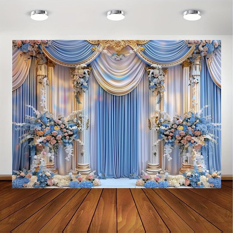 VIKAMA Hochzeits-Hintergrunddekoration aus Textil mit floralem Design in Mehrfarbig und Blau, B/H: 300 x 150 cm - Bild 1