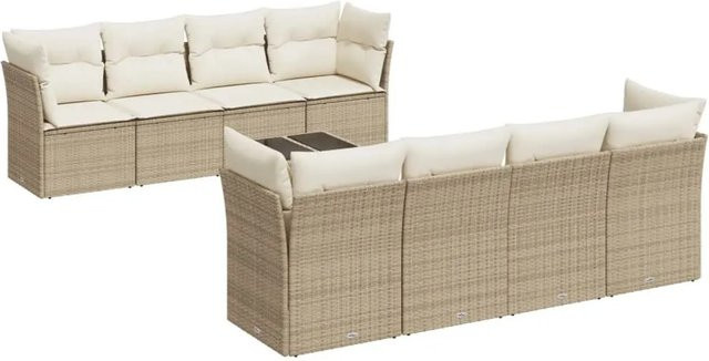 vidaXL 9-tlg Garten-Sofagarnitur aus Poly-Rattan mit Kissen in Beige und Cremeweiß - Bild 1