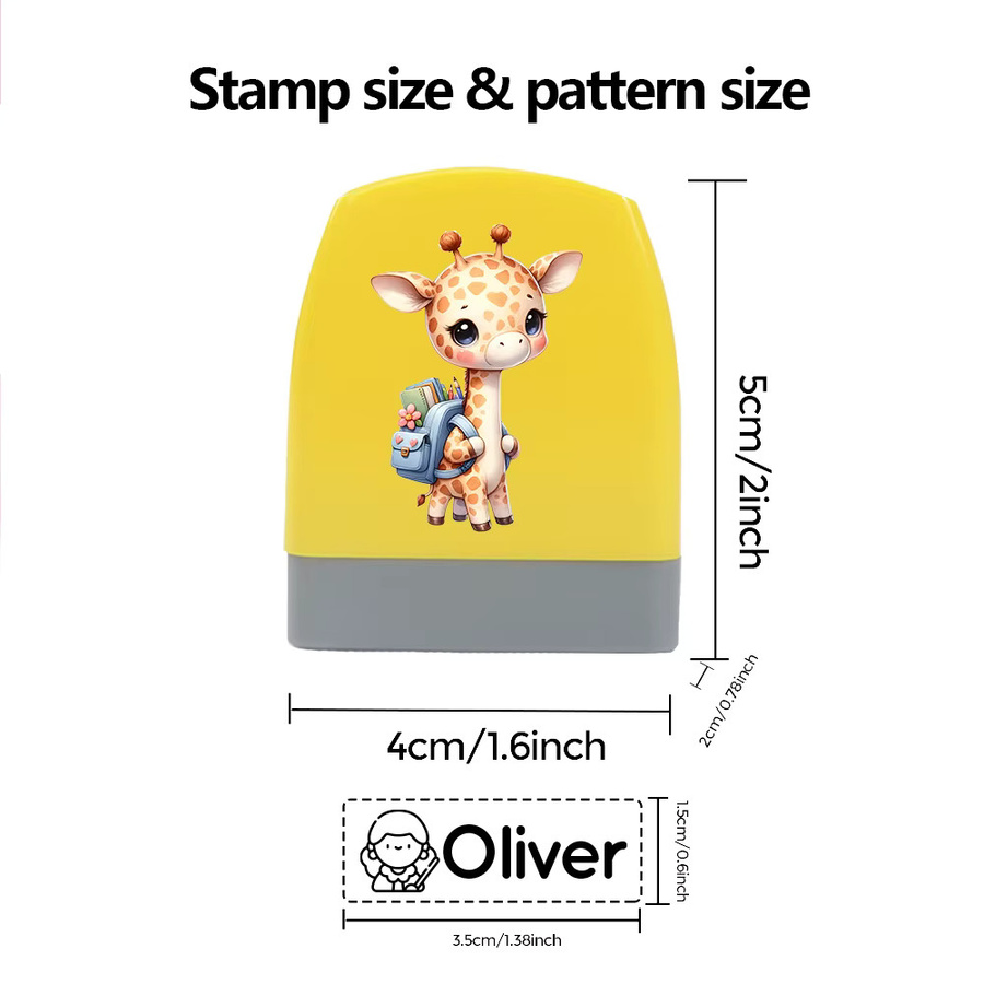 Personalisierter Namensstempel mit Cartoon-Giraffe in Gelb für Kleidung und Schule, wasserfester Textilstempel aus Kunststoff - Bild 2