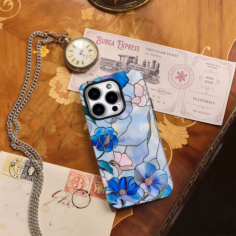 Blau-rosa Buntglas-Blumen-Handyhülle mit doppellagiger Rückseite für iPhone 17 Pro Max Plus 16 15 14 13 12 11 und iPhone 17AIR 16E - Bild 3