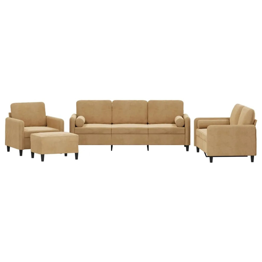 vidaXL 4-teilige Sofagarnitur aus Samt in Braun mit Kissen, bestehend aus 3-Sitzer-Sofa, 2-Sitzer-Sofa, Sessel und Ottoman - Bild 2