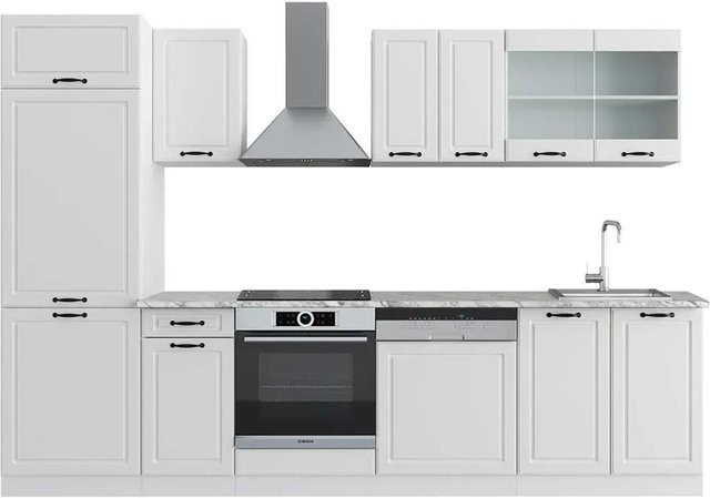 Vicco R-Line Küchenzeile Landhaus Weiß mit Marmor-Optik, Breite: 300 cm, Höhe: 207 cm, Tiefe: 60 cm - Bild 1