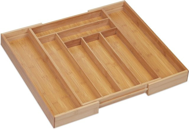 Relaxdays Besteckkasten aus Bambus in Hellbraun Natur, ausziehbar und breitenverstellbar, B: 32,5 bis 52 cm, T: 45,5 cm, H: 5 cm - Bild 1