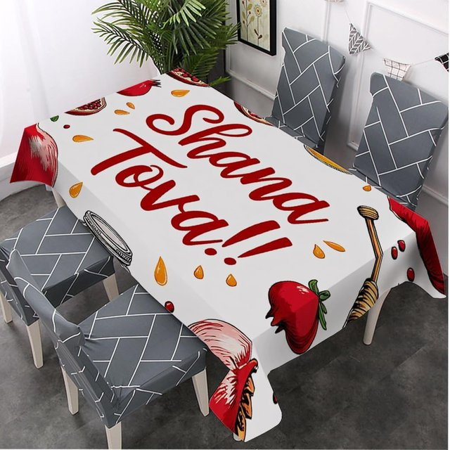 Shana Tova Rechteckige Tischdecke von JMG Household Supplies mit Granatapfel- und Schofar-Motiv, Weiß, B/L: 100 x 160 cm - Bild 1