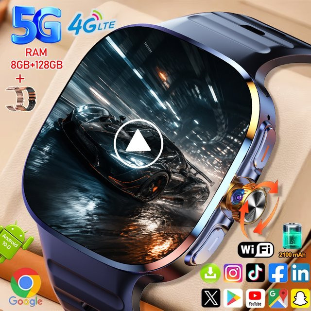 GUHUAVMI Smartwatch mit 2,4 Zoll AMOLED Ultra-HD-Bildschirm, 8GB RAM + 128GB Speicher, 5G/4G LTE, WLAN, GPS und SIM-Karte für Videoanrufe, Gold - Bild 1