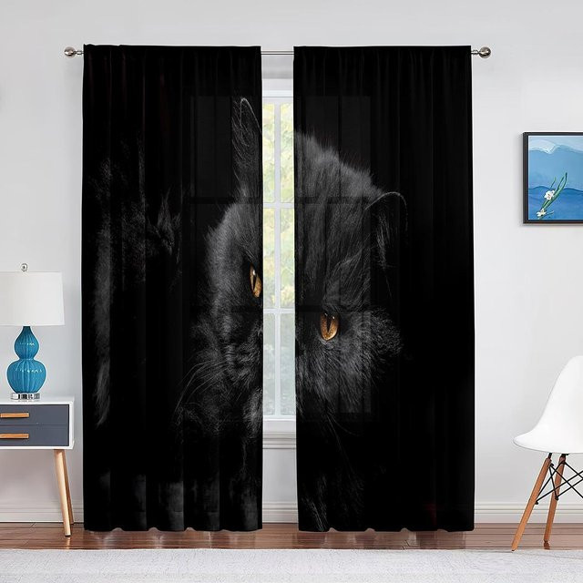 Moderner Tüll-Fenstervorhang mit schwarzer Katze und gelben Augen von Super Six, transparent, B/H: 100 x 250 cm - Bild 1