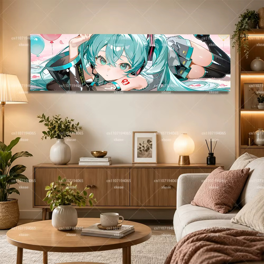 Hatsune Miku Anime-Wandteppich von Bandai mit rosa Himmel und Ballon-Illustration in modernem Design - Bild 2