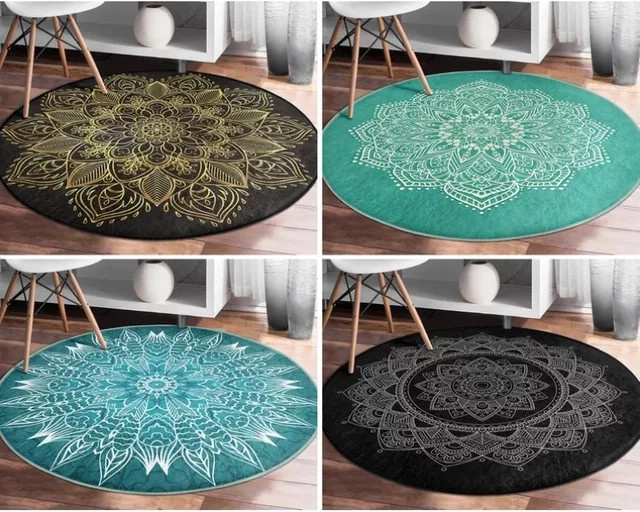 Runder Mandala-Teppich von VIKAMA in Schwarz mit geometrischem Art-Deco-Design und rutschfester Unterseite - Bild 1
