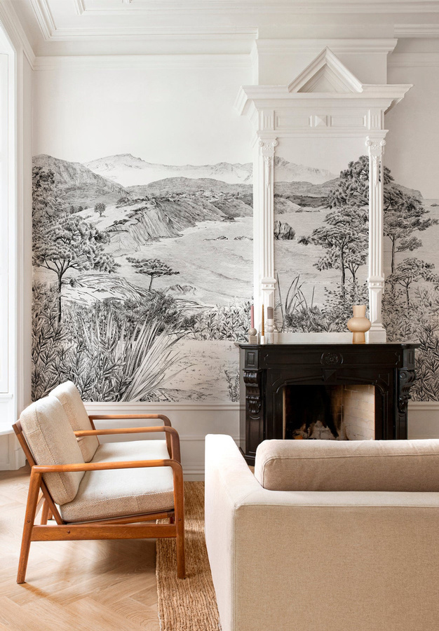 Isidore Leroy Tapete Euskadi Grisaille Panel A in Grau im Vintage-Stil als Landschafts-Mural aus Vlies - Bild 1