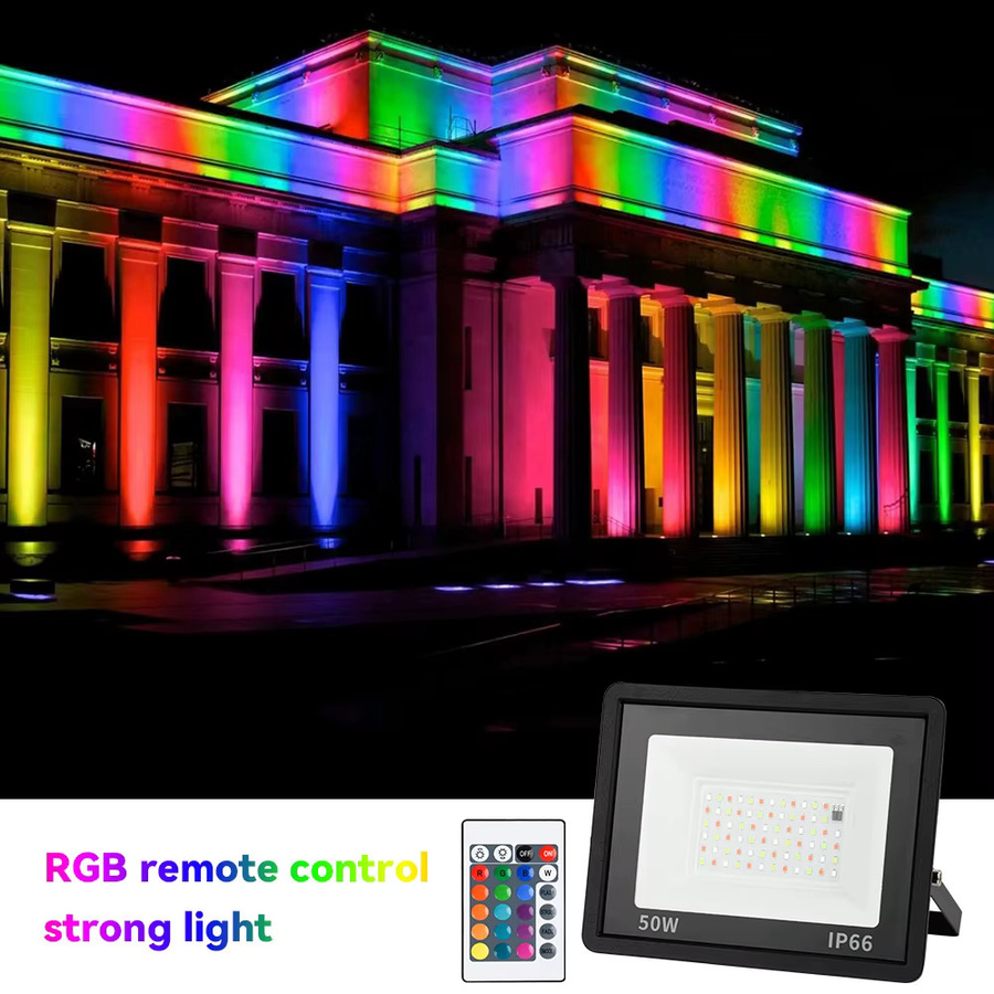 Arbrac RGB LED Flutlicht Set 50W mit Fernbedienung, IP66 wasserdicht, Schwarz, 2er Pack Outdoor Garten Beleuchtung - Bild 3