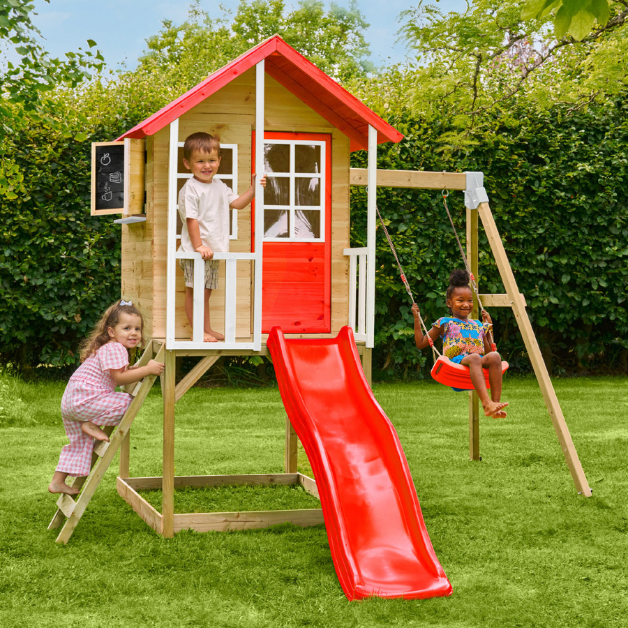 Zwerkules Holzspielhaus Lolla 2 mit Rutsche und Schaukel in Natur und Rot, B/T/H: 352 x 280 x 224 cm - Bild 2