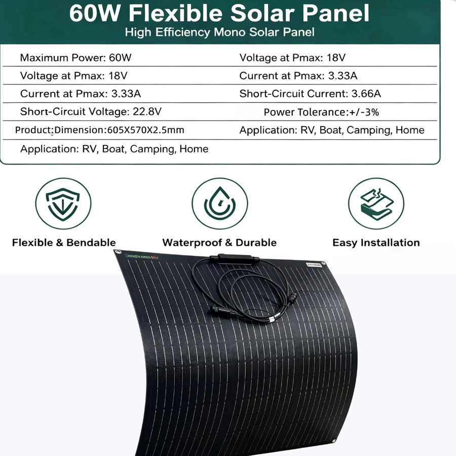 JINGYANGPV Flexibles ETFE Solarpanel 60W 18V mit Mono-Solarzellen und 25% Wirkungsgrad in Schwarz für Wohnmobil, Boot und Camping - Bild 3