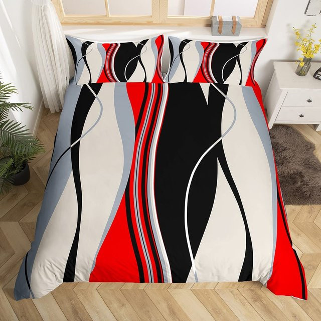ASA2 Bettwäsche-Set mit geometrischem Streifenmuster in Rot, Grau und Weiß, King-Size Bettbezug und Kissenbezüge aus Mikrofaser, B/H: 135 x 200 cm - Bild 1