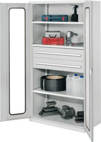 Kappes Schwerlastschrank OMT Mod. 42 in Grau mit Sichtfenstertüren, Regalböden und Schubladen, B: 100 cm, T: 60 cm, H: 195 cm - Bild 1