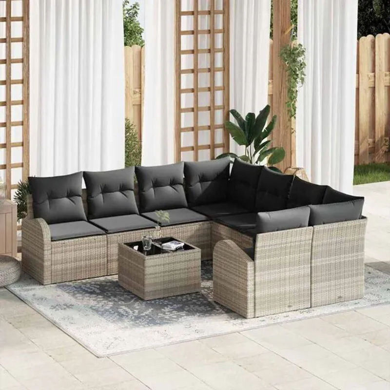 vidaXL Garten-Sofa-Set aus Polyrattan in Grau, 9-teiliges Loungemöbel-Set, B/T/H: 55 x 55 x 37 cm - Bild 1