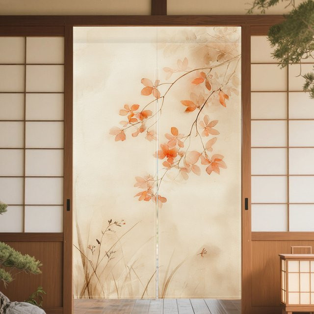 VIKAMA Wandteppich mit japanischen Ahornblättern und Libellen im Naturholz-Stil - Bild 1