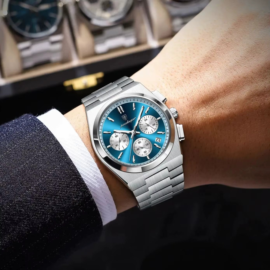 POEDAGAR Chronograph Armbanduhr, Quarz, Edelstahl, Blau, Herren - Bild 5