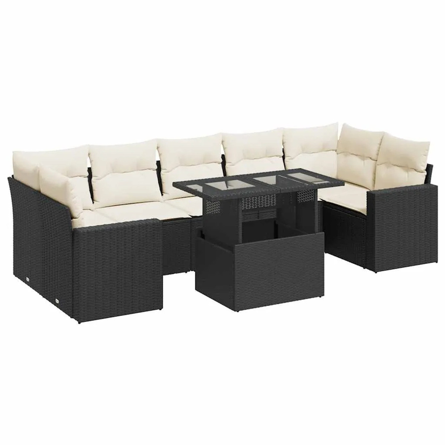 vidaXL 8-tlg. Garten-Sofagarnitur in L-Form aus Poly-Rattan und pulverbeschichtetem Stahl mit Kissen in Schwarz-Creme - Bild 2