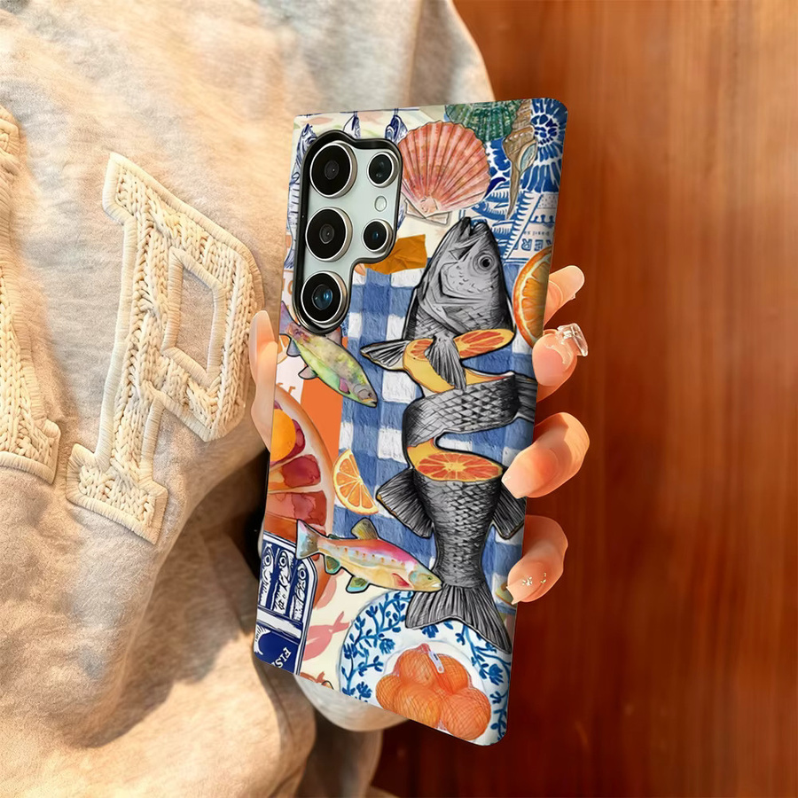 Stoßfeste doppellagige Handyhülle mit Fisch- und Orange-Collage für Samsung Galaxy S25 Ultra, S24 und S23 Ultra Plus in Multicolor - Bild 2