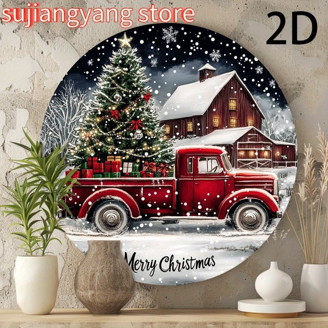 Potdemiel Rundes Aluminiumschild Weihnachts-LKW mit Haus im Schnee als Metalldekoration für Wand und Küche, Mehrfarbig, Durchmesser: 20 cm - Bild 1