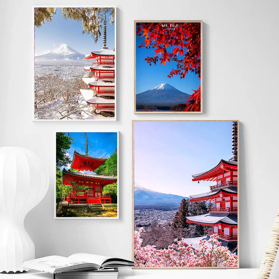 Potdemiel Leinwandposter Japanische Landschaft mit Mount Fuji, Kirschblüten und Tempel in Mehrfarben - Bild 2