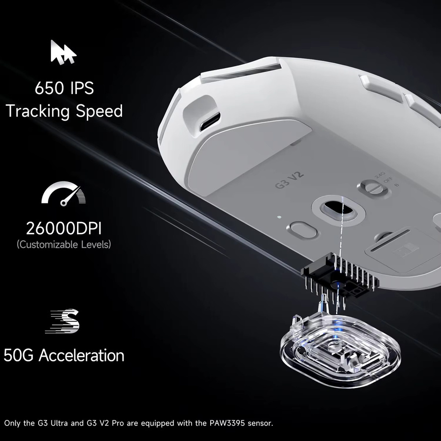 MCHOSE G3 V2 Kabellose Gaming-Maus mit PAW 3395 Sensor, Tri-Modus Verbindung, 800mAh Akku und Omron Mechanischen Schaltern in Silber - Bild 1