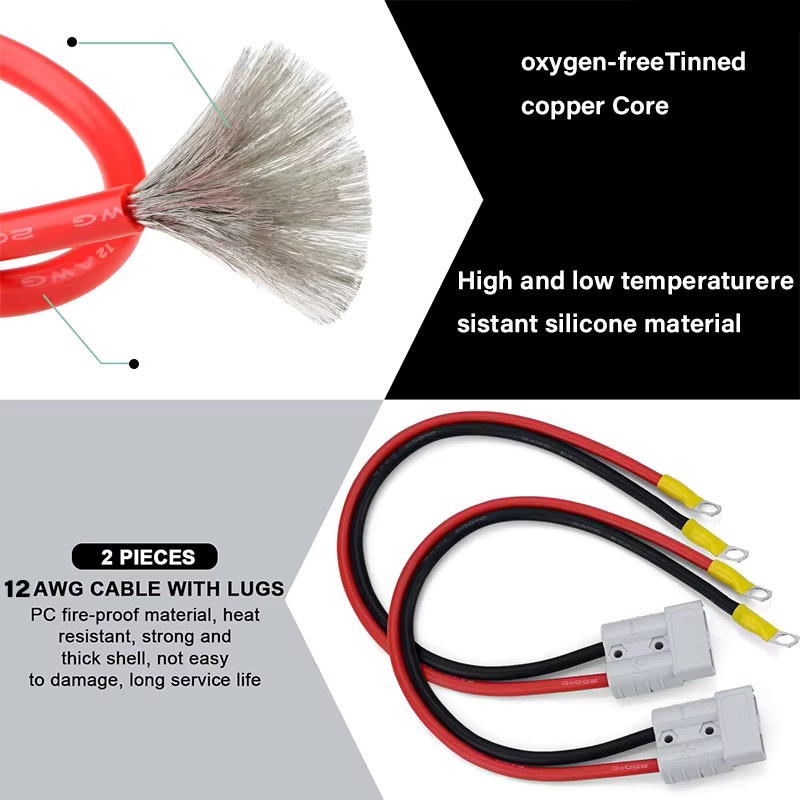 AGASHE 2-teiliger 50A Batterieadapter mit 12AWG Kabel und O-Klemmen, 25,4 cm Länge, Ladeanschluss für Elektrogabelstapler und 12V Seilwinden - Bild 2
