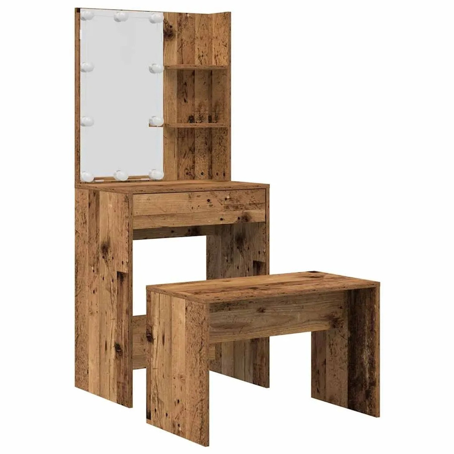 vidaXL Schminktisch-Set mit LED-Leuchten in Altholz-Optik, braun, B: 140 cm, T: 40 cm, H: 60 cm - Bild 2