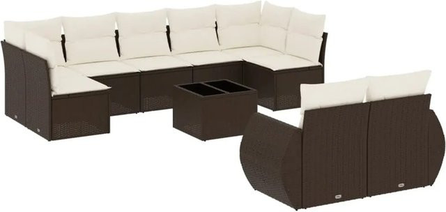 vidaXL 10-tlg. Garten-Sofagarnitur in L-Form aus Poly-Rattan in Braun mit Kissen und Armlehnen - Bild 1