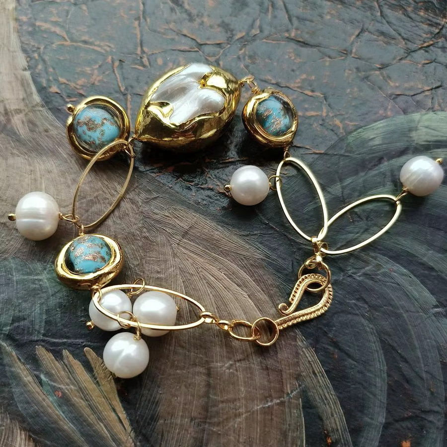 KKGEM Armband, Perlmutt, blaues Muranoglas, vergoldet, Damen - Bild 2