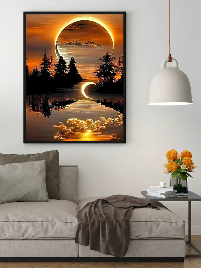 Huacan Malen nach Zahlen Set Sonnenuntergang und Mond Landschaft als DIY Ölgemälde in Multicolor - Bild 4