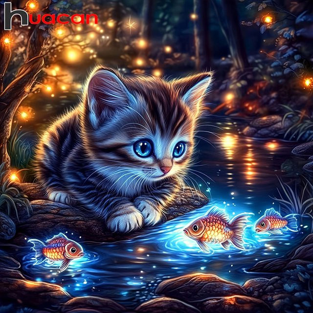 Huacan Diamantmalerei-Set Katze und Fisch mit Vollquadrat- und Rundbohrern, Mehrfarbig, B/H: 20 x 20 cm - Bild 1