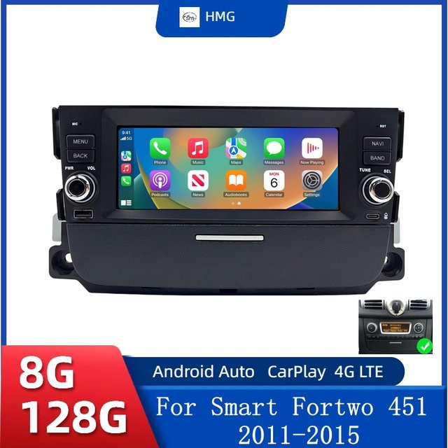 HMG Kabelloses CarPlay und Android Auto Autoradio für Smart Fortwo 451 (2011 - 2015) in Schwarz mit Bluetooth, RDS und DSP, 2-DIN - Bild 1