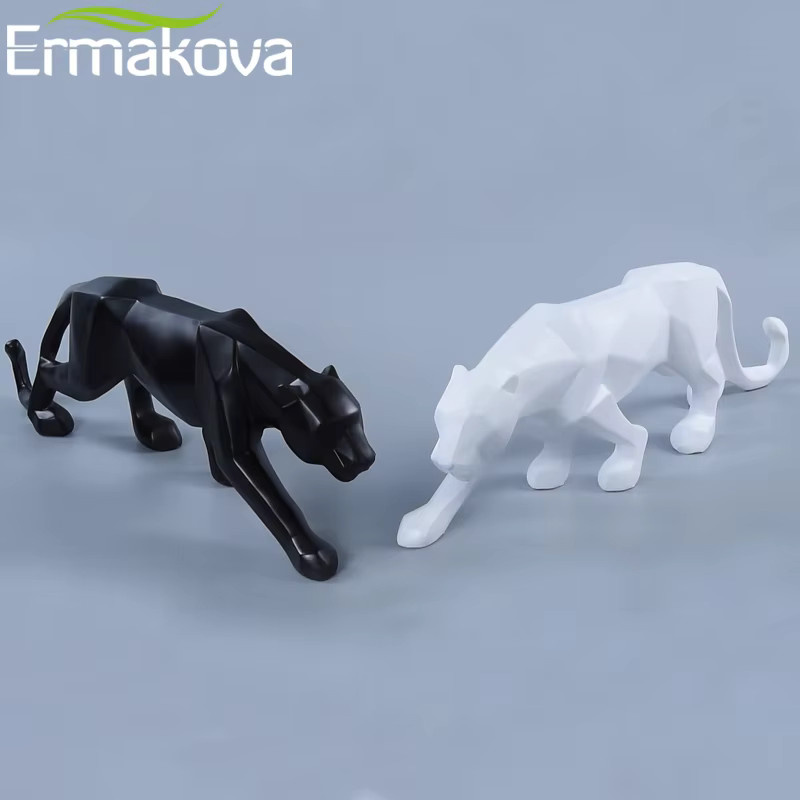 ERMAKOVA Panther-Statue in Schwarz, abstrakte geometrische Leoparden-Skulptur aus Kunstharz für deine Desktop-Dekoration - Bild 1