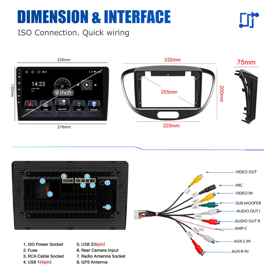ESSGOO Android 14 Autoradio für Hyundai i10 2007–2013 mit 9 Zoll IPS-Touchscreen, Wireless CarPlay, Android Auto, GPS-Navigation, Bluetooth, WiFi und Lenkradsteuerung in Schwarz - Bild 4