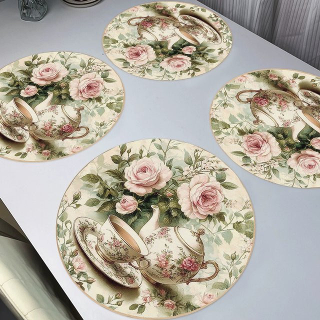 VIKAMA 4er-Set Platzsets im Retro-Rosen-Design, floral und romantisch, Pink/Mehrfarbig, Rund - Bild 1
