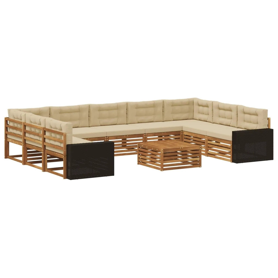 vidaXL Outdoor-Sofagarnitur aus Akazien-Massivholz in U-Form, 10-teiliges Set mit beigefarbenen Polstern und Latten-Design, Natur - Bild 2