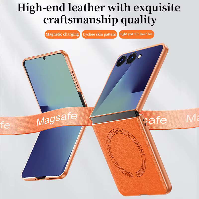 Magnetische Leder-Handyhülle für Samsung Galaxy Z Flip 7 6 5 4 und ZFlip 7FE 5G mit MagSafe Unterstützung in Orange - Bild 2